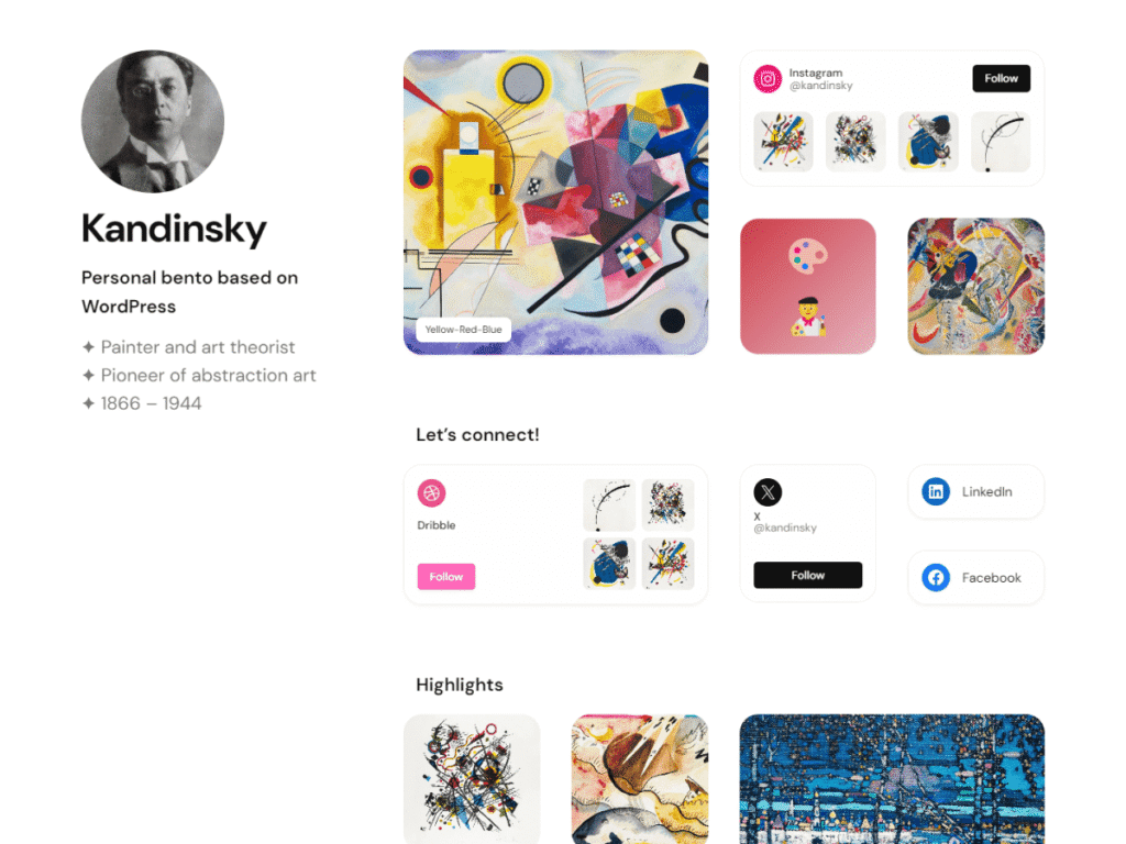 One-Page-WordPress-Theme Kandinsky Bento mit einem Raster aus Kacheln