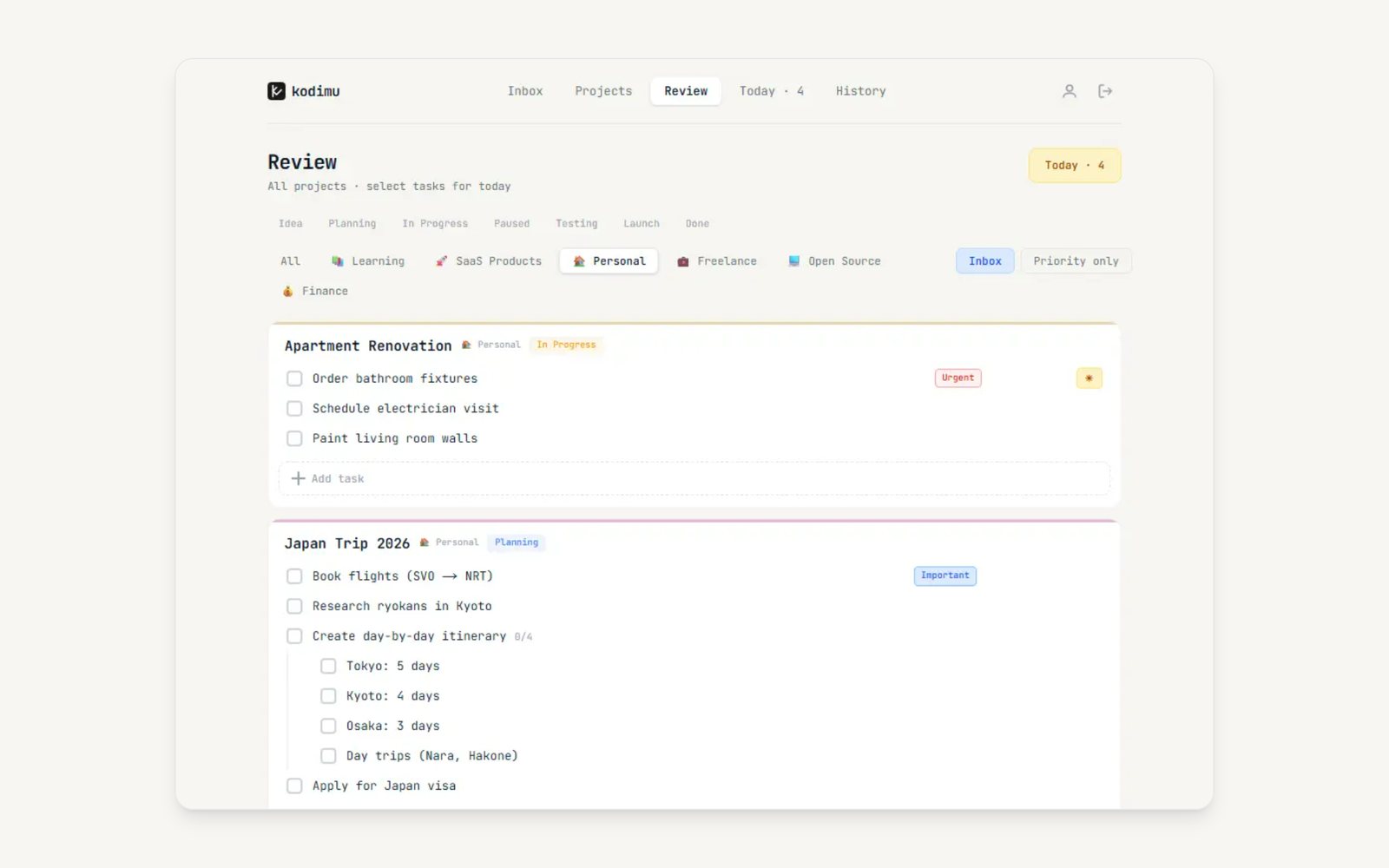 Kodimu task manager: the Review page with tasks from several projects
