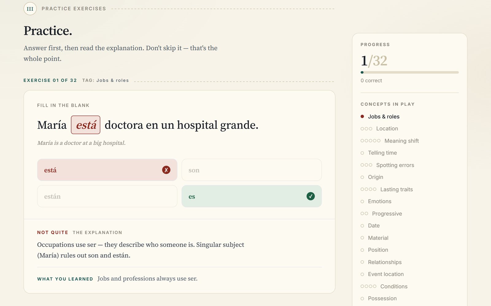 Lingvero: a ser vs estar exercise with the explanation after the answer